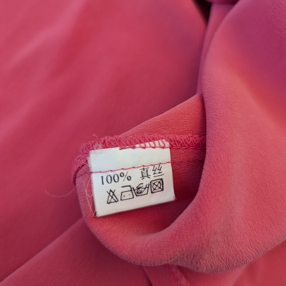 Vintage 70s 100% Silk Short Sleeve Double Button Up Blouse - Coral Pink - Picture 6 of 10